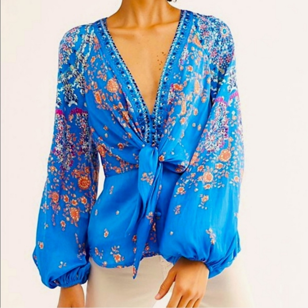 Free People Run Free Blouse Blue Extra Large